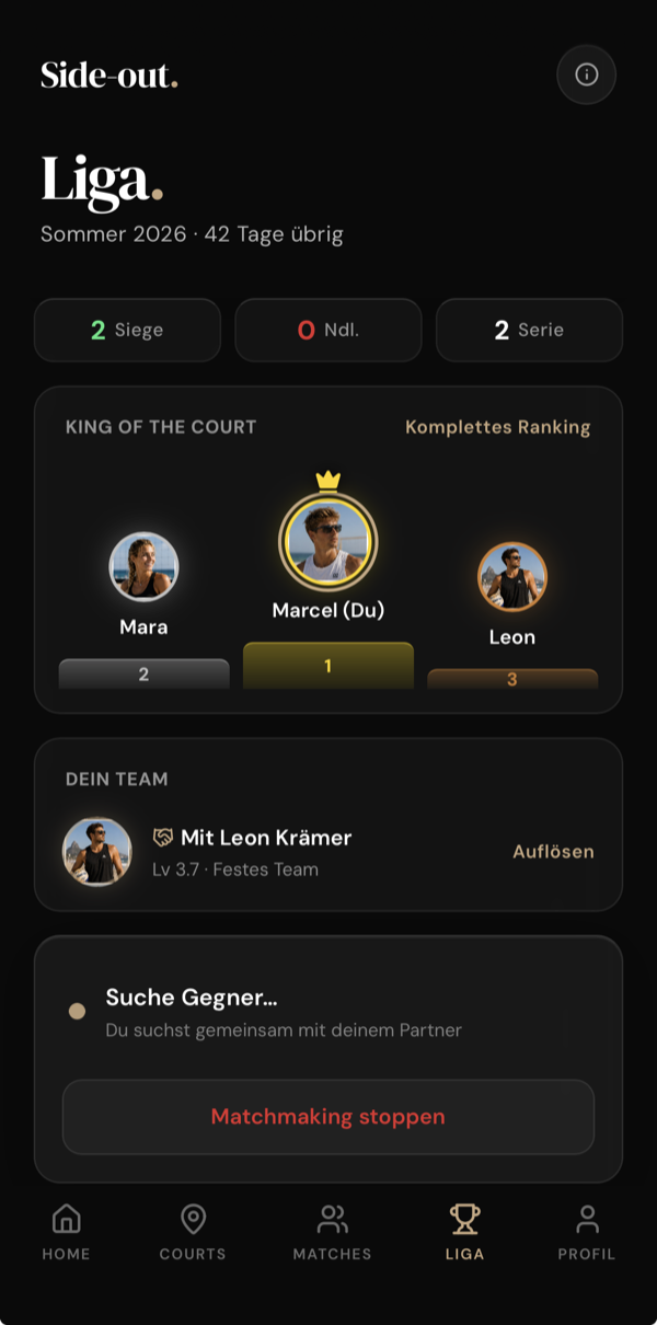 Liga-Ansicht in Side-out: Saison Sommer 2026, King of the Court mit den besten drei Spielern und laufendem Matchmaking