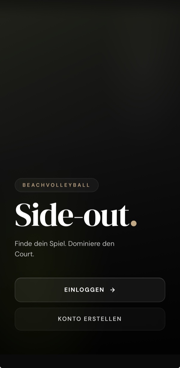 Startbildschirm von Side-out mit Einloggen und Konto erstellen